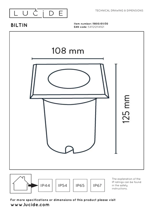 Lucide BILTIN - Bodeneinbaustrahler Innen/Außen - 1xGU10 - IP67 - Schwarz - technisch